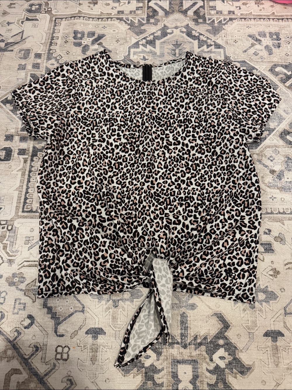 Albion Fit Leopard Print Front Tie Short Sleeve Top Blouse Small